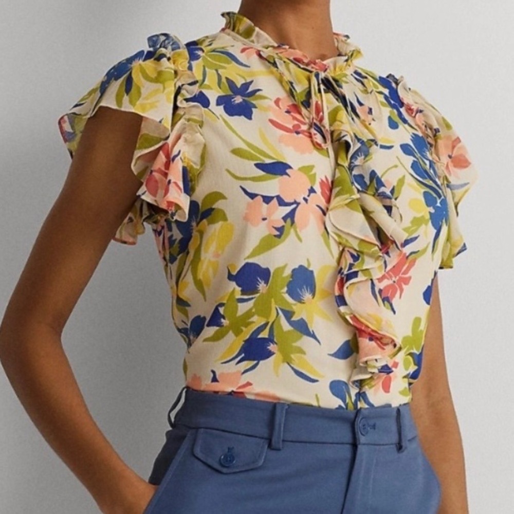 Lauren Ralph Lauren Floral Ruffle V-Neck Blouse XL Multicolored Cap Sleeve Top